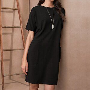 new~Eileen Fisher~ XS Black Organic Cotton Jersey Round Neck Short Sleeve Dress